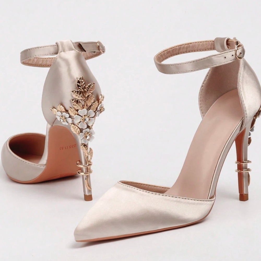 Champagne Gold Satin High Heel Shoes Embellished Flowers Metal Detail